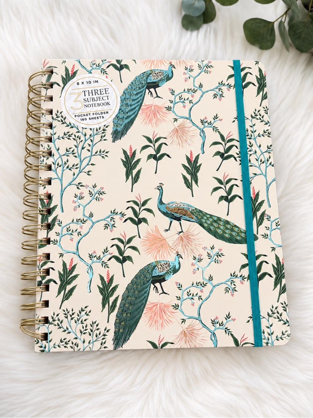 James Burke Peacock Floral Three-Subject Spiral Notebook in Teal & Cream